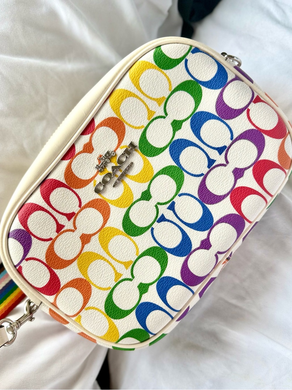 Coach Rainbow Signature Crossbody in White with Multicolor Print
